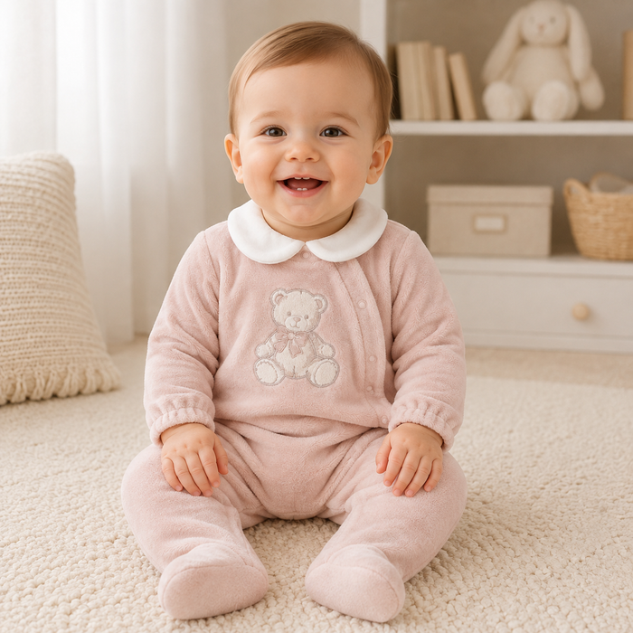 Tutina Neonato in Ciniglia Rosa con Ricamo Orsetto NF.102397