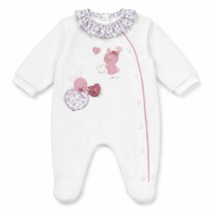 Tutina Neonato in Morbida Ciniglia Bianco Latte con Ricamo Coniglietti NF.102483