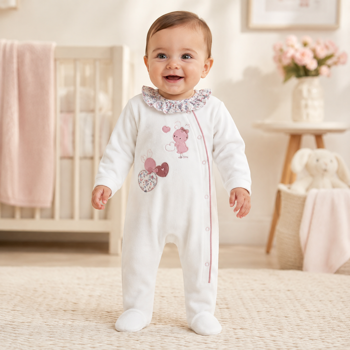 Tutina Neonato in Morbida Ciniglia Bianco Latte con Ricamo Coniglietti NF.102483