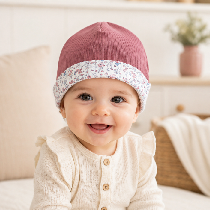 Cappellino Neonato a Costine con Risvolto Floreale NF.102486