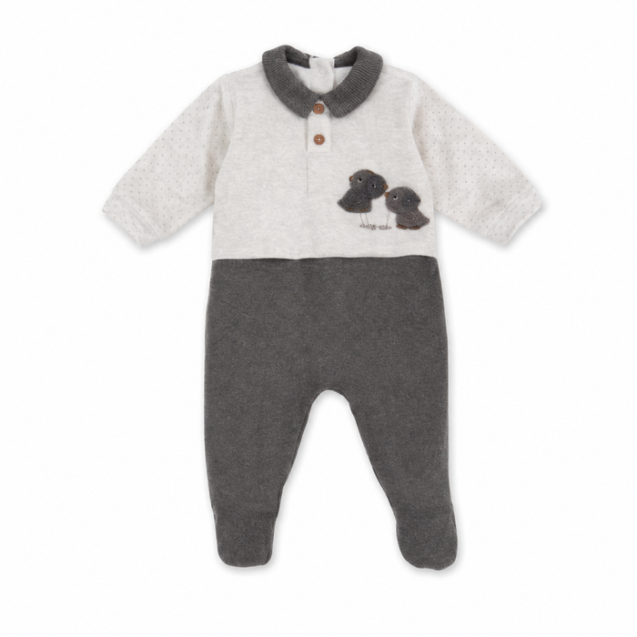 Tutina Neonato Bicolore con Ricamo Uccellini NM.102489 GR/BEIGE