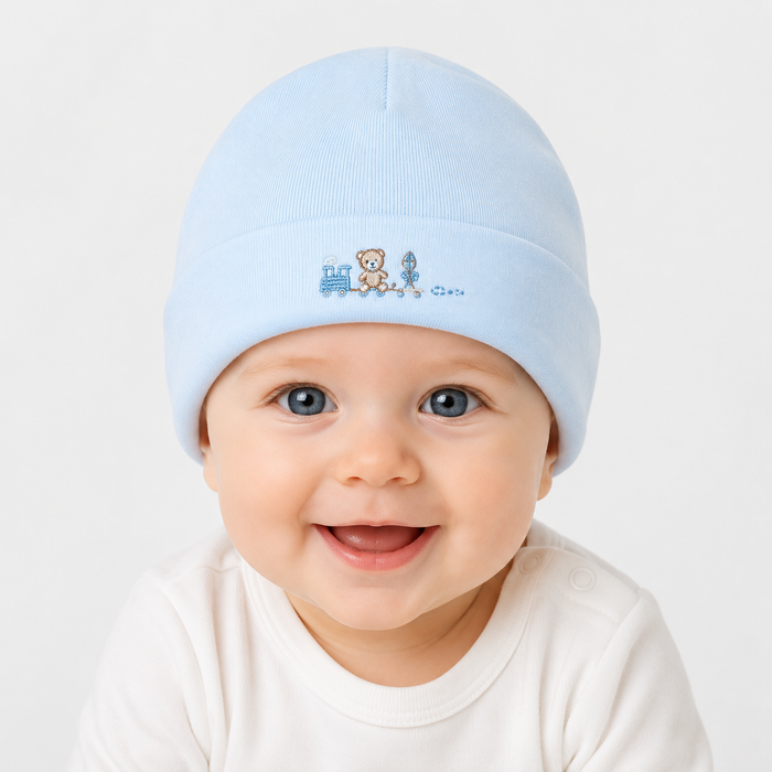 Cappellino Neonato con Risvolto e Ricamo Trenino NM.102511