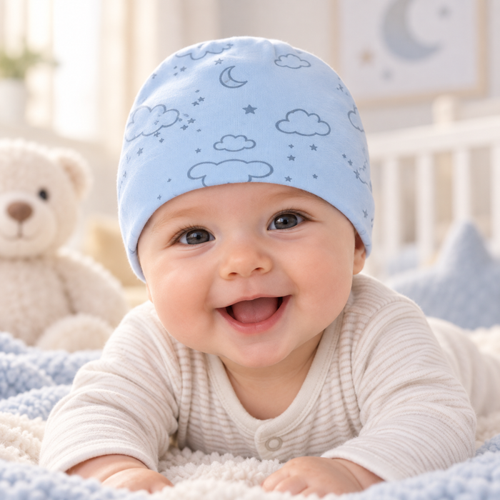 Cappellino Neonato Con Stampa Nuvole E Stelline NF.103236