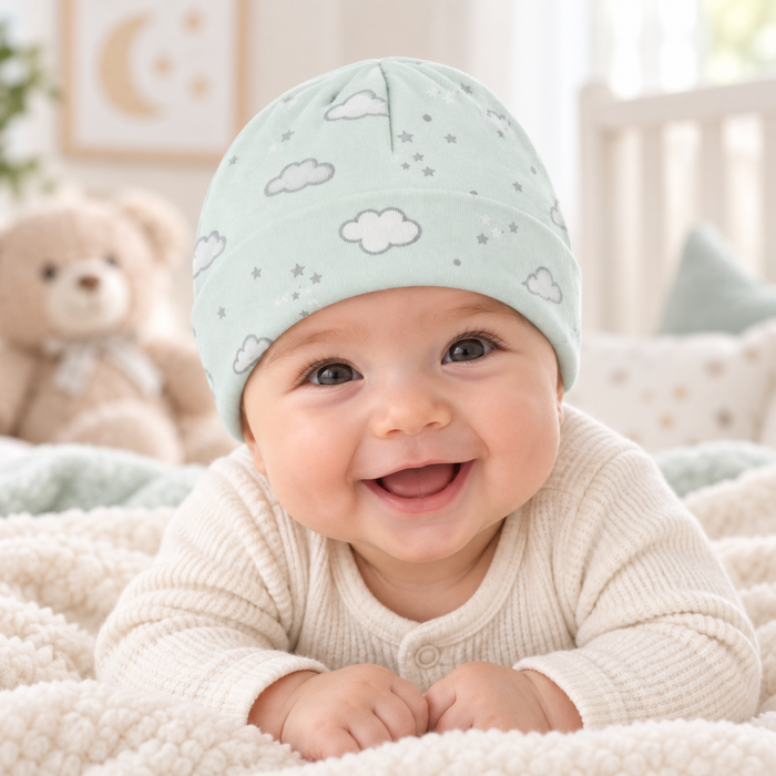 Cappellino Neonato Con Stampa Nuvole E Stelline NF.103236