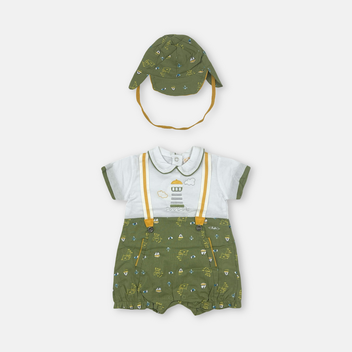 Pagliaccetto in cotone Senape/Verde con cappellino a edifici e nuvole