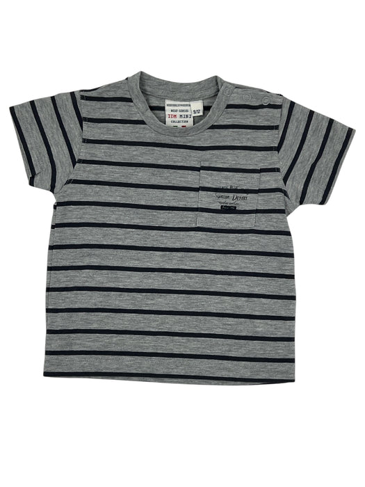 Maglia in cotone con taschino per bambini, design classico con strisce orizzontali grigie e nere