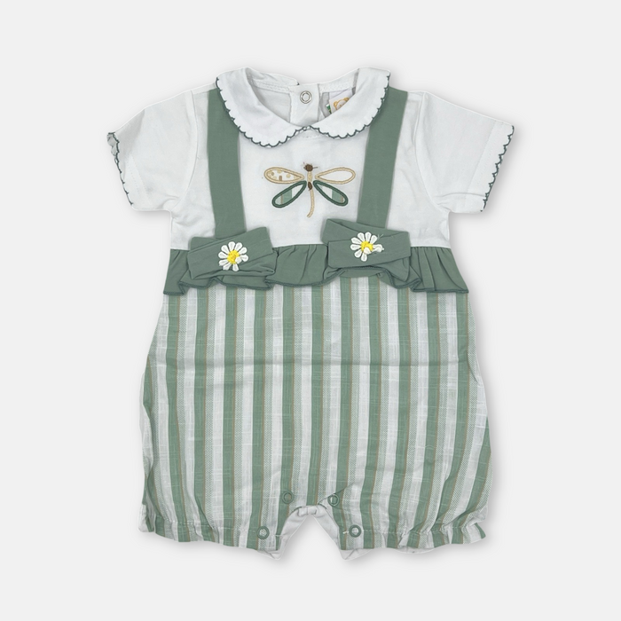 Pagliaccetto in cotone verde menta con fiocchi e margherite - Luglio