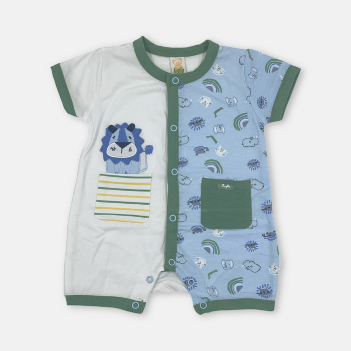 Body neonato in cotone cielo/verde con stampa leone Luglio