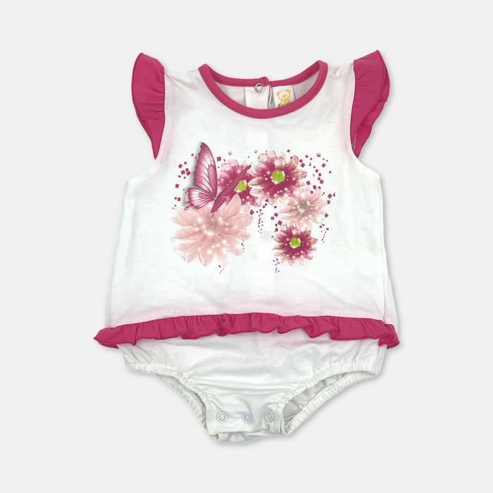 Pagliaccetto in cotone con stampa floreale e farfalla