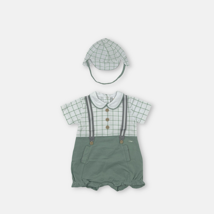 Pagliaccetto in cotone Verde/Menta con cappellino a quadri