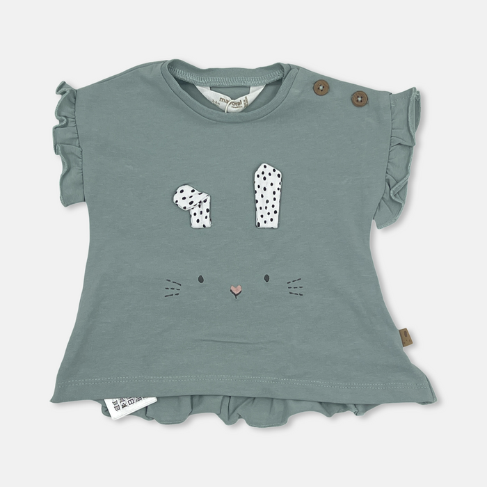 Maglietta in cotone con applicazioni delle orecchie del coniglietto e ricamo degli occhietti, nasino e baffetti