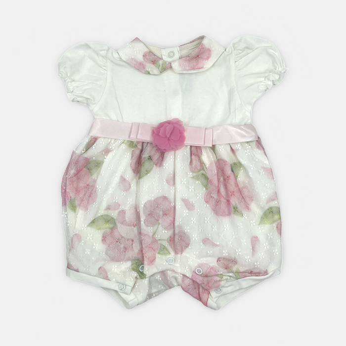 Pagliaccetto in tessuto di cotone floreale con fascia centrale e apertura inferiore con clip