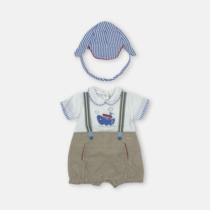 Pagliaccetto in cotone Beige con cappellino a righe