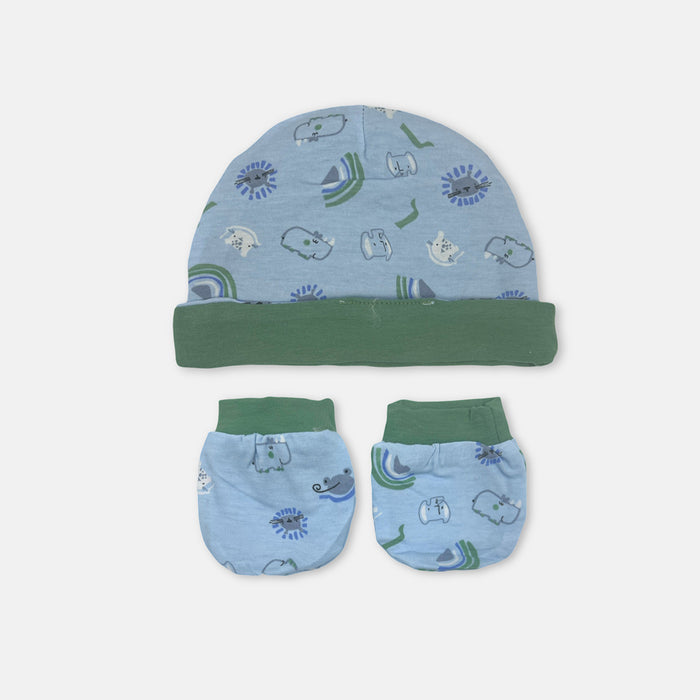 Set Cappello e Muffole in Cotone con Motivi Animali Luglio Cielo/Verde