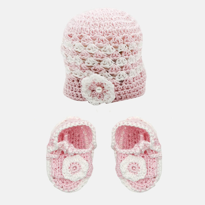 Cappellino più scarpine Neonata in Filo con Fiore e perlina, Luglio-Spio Kids-foto-prodotto