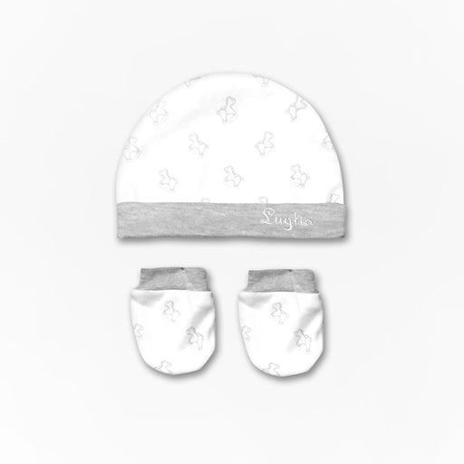 Cappello e Muffole Neonato Bianco e Beige con Cavallucci Luglio - Spio Kids