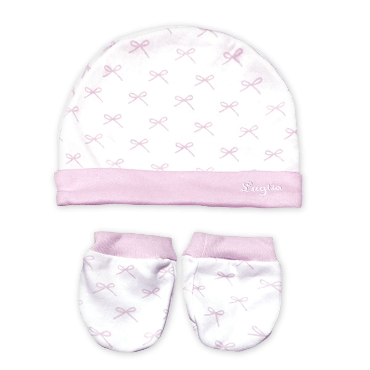 Cappello e Muffole Neonato in Cotone Bianco e Rosa Fiocchi — Spio Kids