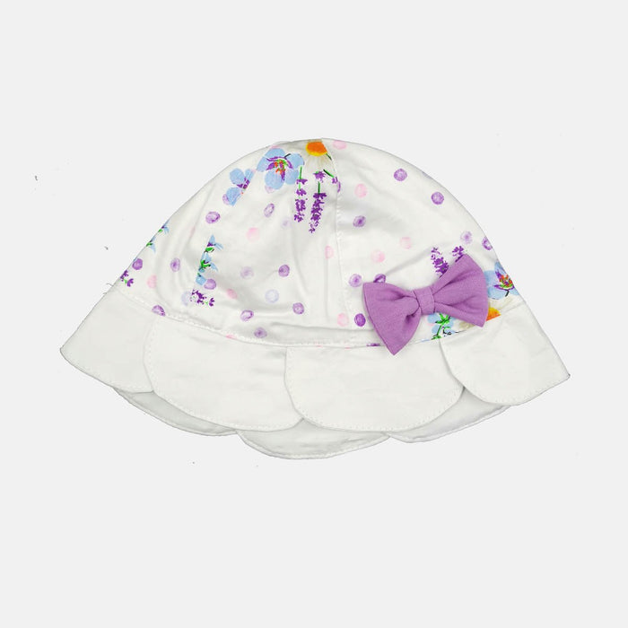 Cappello Neonata con fantasia floreale e fiocco lilla, Luglio - Spio Kids