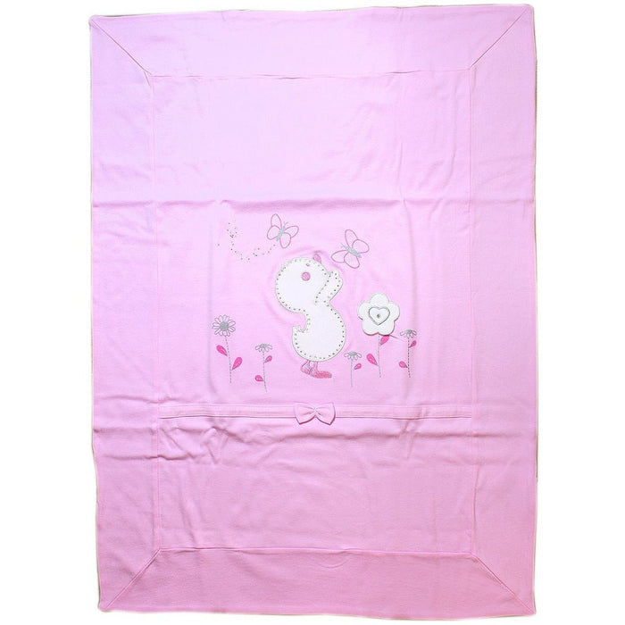 Copertina per culla rosa con ricami a forma di papero e farfalle - Spio Kids