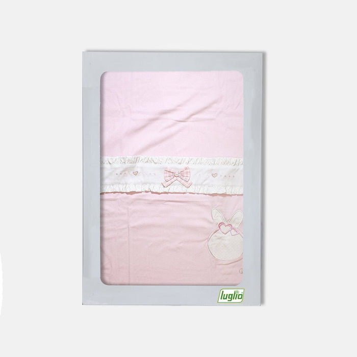 Copertina per culla rosa con striscia decorativa bianca e fiocco rosa - Spio Kids