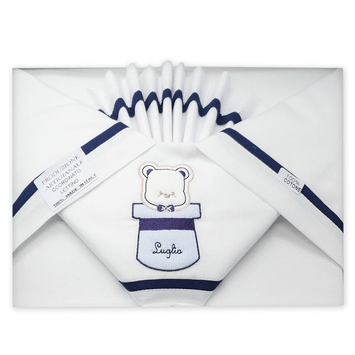 Lenzuola Luglio orsetto con cappello e papillon ricamato per carrozzina bianco e blu-Spio Kids-foto-prodotto