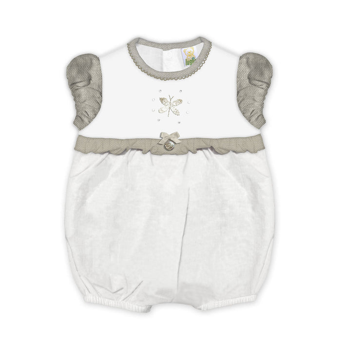 Pagliaccetto Neonato in Cotona Tortora Farfallina Ricamata Luglio