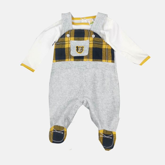 Tutina con salopette e orsetto a fantasia scozzese Luglio